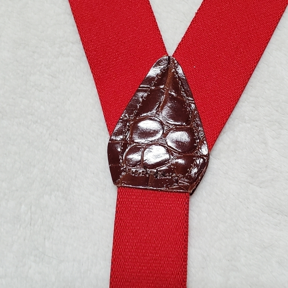 Bill Blass Vintage Stretchy Red Blue Paisley Gold Leather Button Tab Suspenders - Picture 7 of 13